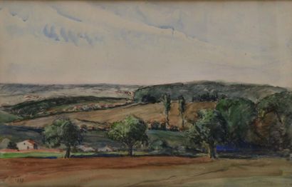 DESCARGUES E., XXe siècle Campagne vallonée, 1937 Aquarelle (petites rousseurs),...