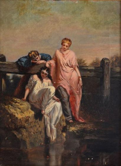 ECOLE FRANCAISE XIXe siècle Trois femmes pêchant Huile sur toile (petits manques),...
