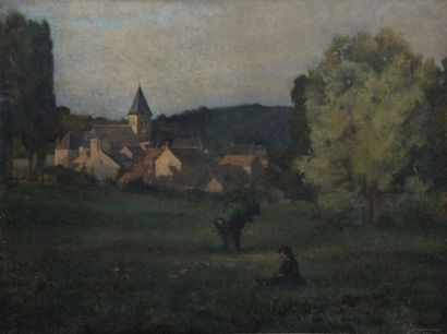 ESCHEMANN, XXe siècle Fillette dans un champs devant un village, 1911 Huile sur toile,...