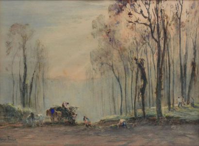 FOREAU Henri, 1866-1938 Les bûcherons en forêt Aquarelle (rousseurs), signée en bas...