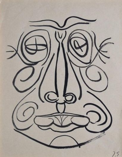GERMAIN Jacques, 1915-2001 Masque Encre noire sur papier beige, cachet du monogramme...