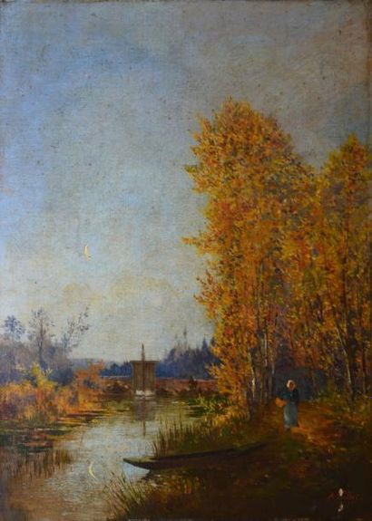 GRILLET Alphonse, 1826-1893 Paysanne au chemin en bord de rivière Huile sur toile...