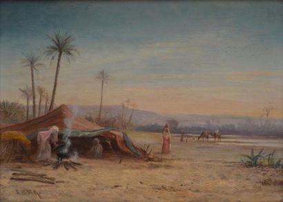 HUBER E., fin XIXe-début XXe siècle Campement bédouin Huile sur panneau, signé en...