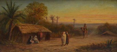 HUBER E., fin XIXe-début XXe siècle Cabanne et un chameau au couchant Huile sur carton,...