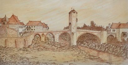ISMAËL, XXE siècle Village au pont fortifié Crayon brun et sanguine vernis, signé...