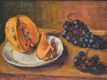 KARSKY Sergei, mort en 1950 Melon et raisins Huile sur toile (restaurations), signée...