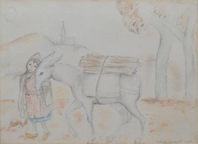 LAGUT Irène, 1893-1994 Jeune paysanne à l'âne, 1942 Aquarelle (rousseurs), signée...