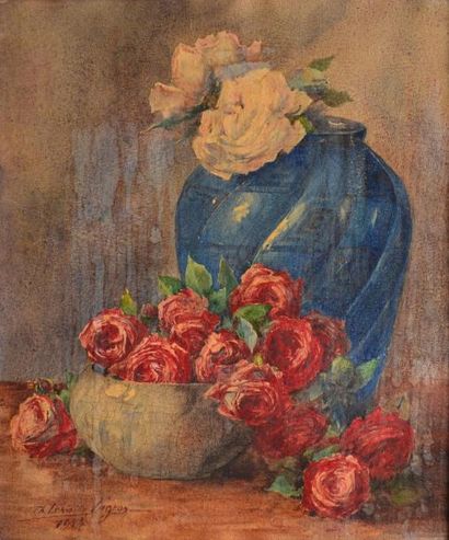 LEMOINE-LAGRON Thérèse, 1891-1949 Roses rouges et blanches, 1924 Aquarelle partiellement...