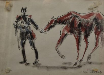 LEYGUE Louis, 1905-1992 Officier et son cheval Plume, encre noire et aquarelle, signé...
