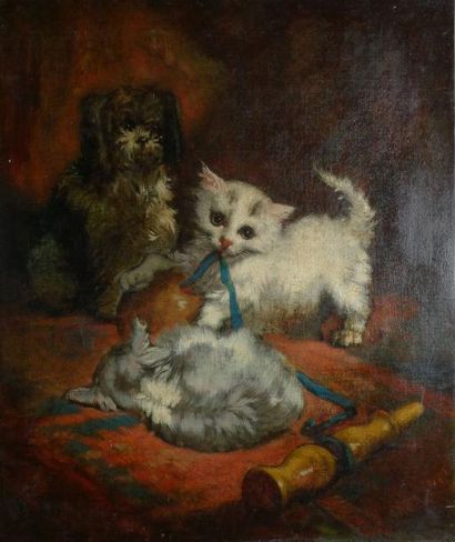 MONGINOT Charles, 1825-1900 Chiot et chatons huile sur toile rentoilée (restaurations),...