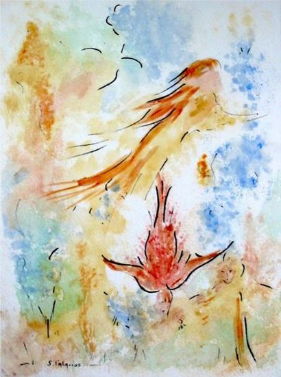 PALACIOS-DUPONT Solange, née en 1947 Oiseau fleur, oiseau lyre Tempera sur papier...