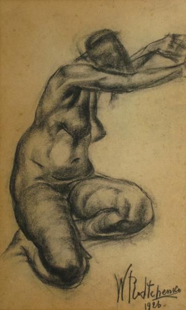 RODTCHENKO W. (XXe siècle) Nu féminin accroupi, 1926 Crayon noir sur papier beige,...