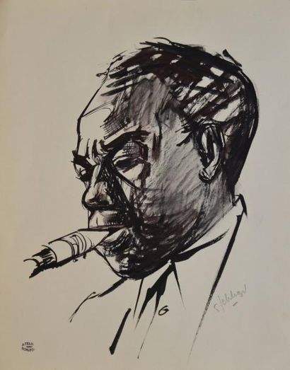 SCHLEGEL Fernand, 1920-2002 Homme au cigare Plume et lavis d'encre noire et brune,...