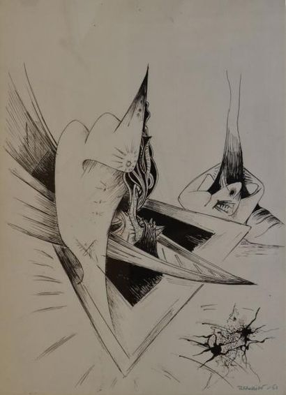 TERROSSIAN Jean, né en 1931 Composition surréaliste, 1960 Encre noire et crayon marron,...