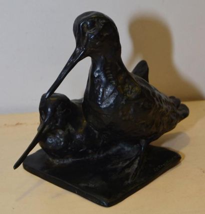 THORAIN Pierre Émile, 1904-1983 Deux bécasses Groupe en bronze à patine noire, sur...