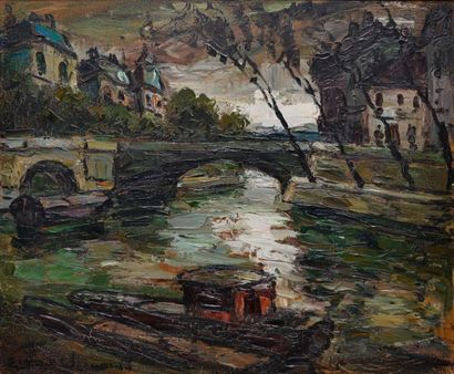 VAGH WEINMAN Elemer, 1906-1990 Pont sur la Seine à Paris Huile sur toile (craquelures),...
