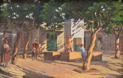 VERDIER A., XXe siècle Place ombragée en Afrique du Nord, 1945 Huile sur panneau,...
