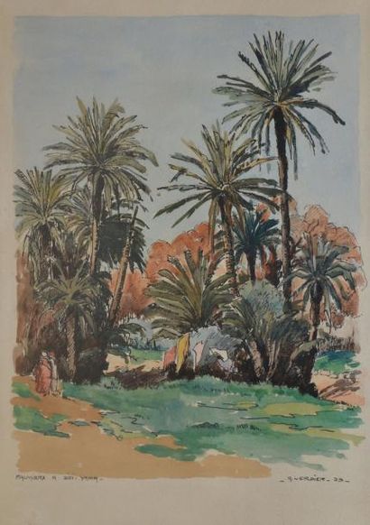 VERDIER A. XXè siècle Palmiers à Sidi-Yahia, 1939 Aquarelle, signée et datée en bas...