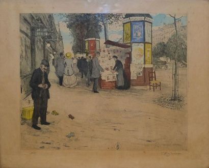 SIMON-TAVIK Frantisek, 1877-1942 Le kiosque sur les boulevards Gravure en couleurs...