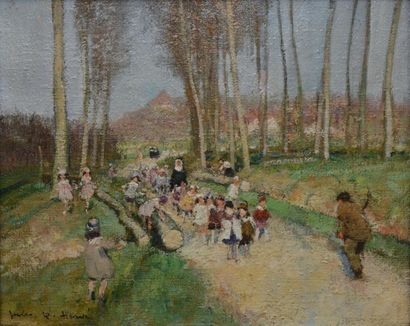 Jules René HERVÉ Enfants se promenant dans un bois Huile sur toile (petites craquelures),...
