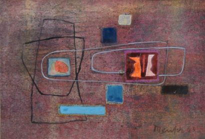 MENSCH Sans titre, 1963 Quatre compositions à la gouache, pastels et crayons de couleurs,...