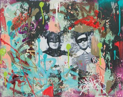 COPE2 Batman et Robin, 2013 Collage et acrylique sur toile, signée en bas à droite,...