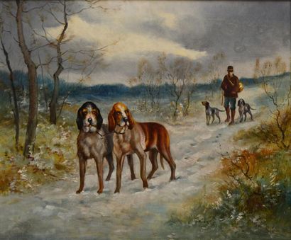 GODCHAUX Deux chiens en arrêt - Chasseur en hiver Deux huile sur toiles formant pendants,...