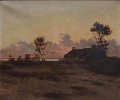 Maurice COURANT Chaumière au rivage, crépuscule, 1892 Huile sur toile (légère griffure...