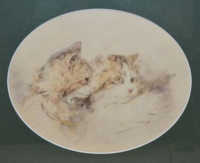 Eugène LAMBERT Deux chatons Aquarelle (petites piqûres) à vue ovale, signée en bas...