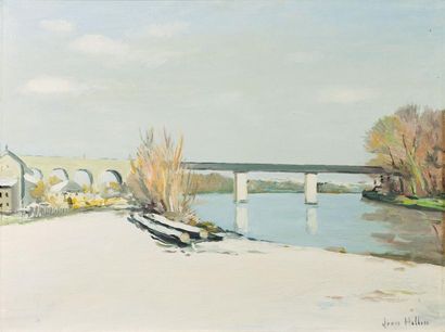 Jean HELLEU Pont et rivière en hiver Huile sur toile (petites griffes), signée en...
