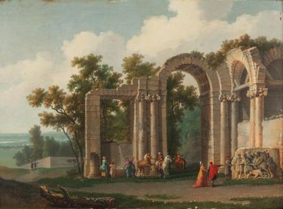 GENILLION Jean-Baptiste (attribué à) (1750 -1829) Visiteurs dans les ruines antiques...