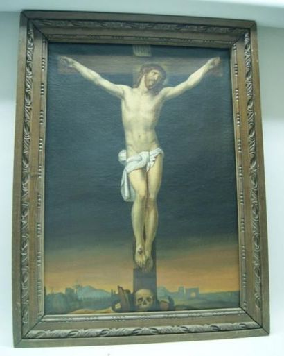 École Française du XIXe siècle Christ en croix Huile sur toile. Haut.: 66,5 - Larg.:...