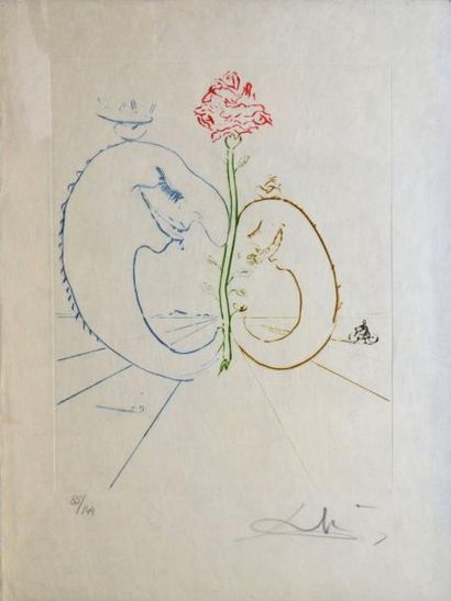 D'après Salvador DALI Paysage à la rose Eau-forte en couleurs sur papier Japon nacré,...