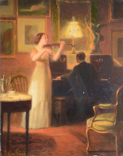 Louis GALLIAC Pianiste et violoniste sous la lampe Huile sur panneau (très petits...