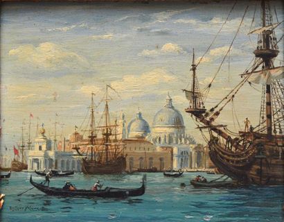 GUSTAVE ALAUX Navire et gondole à Venise, Santa Maria della Salute Huile sur panneau,...