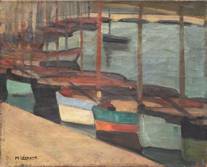 Maurice LÉONARD Barques au port Huile sur toile (très petits manques sur les bords),...