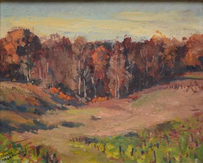 Henri MONTASSIER Bois à l'automne Huile sur panneau, signé en bas à gauche, 22,5...