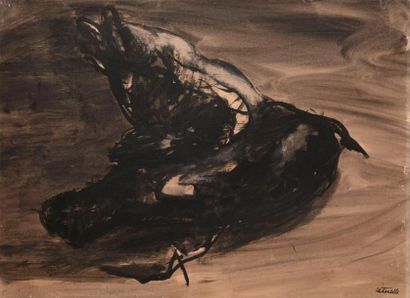 Adolphe PETERELLE Oiseau Lavis d'encre noire (salissures, insolation et accidents),...