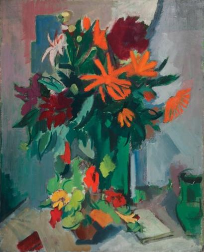 Robert SIMON Bouquet orange et violet Huile sur toile, cachet d'atelier au dos, ...