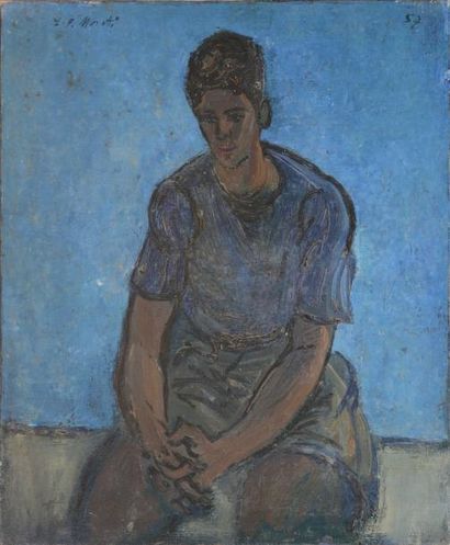 Lucien Philippe MORETTI L'homme bleu, 1957 Huile sur toile (salissures), signée en...