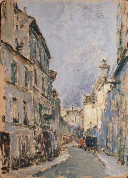 Pierre NILOUSS Rue de Paris dans l'ombre Huile sur carton, authentifié au dos par:...