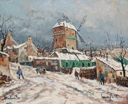 Robert L. P. LAVOINE Le Moulin de la Galette sous la neige, Montmartre Huile sur...