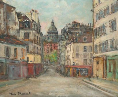 Jacques THEVENET Rue de Paris Huile sur papier marouflé sur carton, signé en bas...