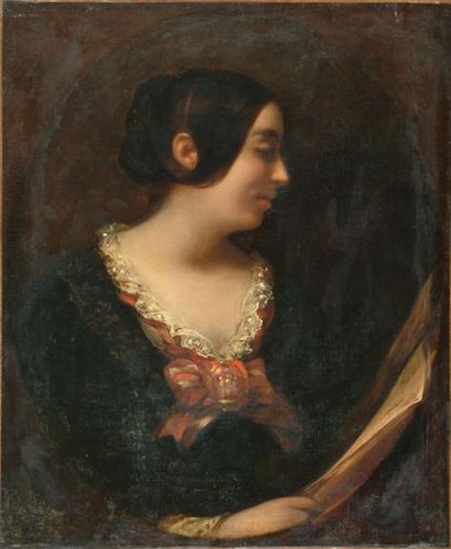 École romantique Portrait de femme lisant Huile sur toile rentoilée à vue ovale (restaurations...
