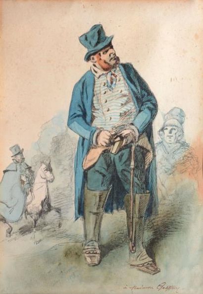 Henry MONNIER Le cavalier à la barbe rousse, 1858 Aquarelle (insolation et rousseurs),...