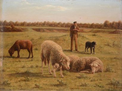CARLIER de ALAUNZA Berger et moutons, 1891 Huile sur panneau (accidents), signé et...