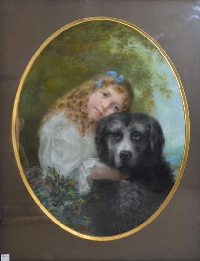 J. CREMAS Jeune fille au chien Pastel à vue ovale, signé en bas à droite, 90 x 67...