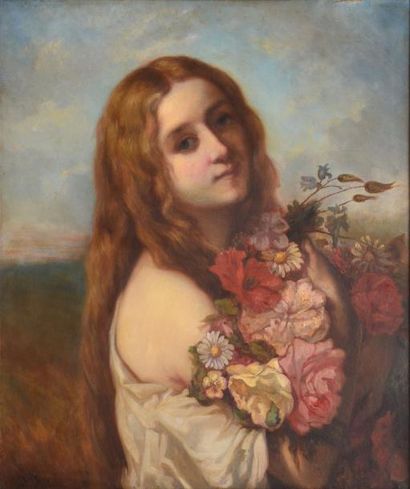 Jules FILLYON Jeune fille aux fleurs Huile sur toile (petit accident), signée en...