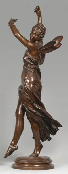 Eugène DELAPLANCHE Zéphyr Bronze à patines brune et médaille, sur la terrasse: E....