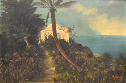 G. GUÉRIN Paysage d'Afrique du Nord, bord de mer, 1892 Huile sur toile (usures et...